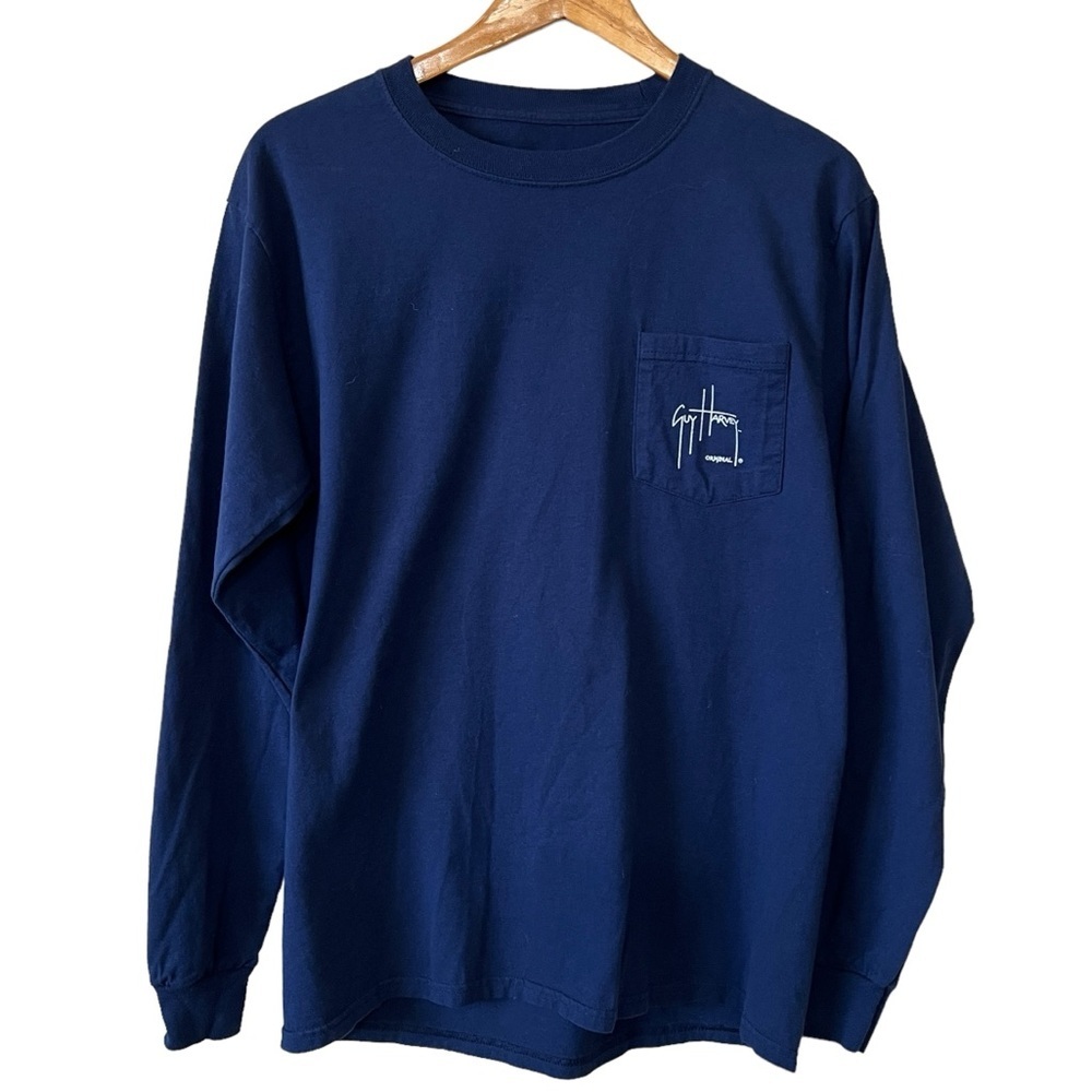 Guy Harvey Old Fort Back-Print Men's Long Sleeve T-Shirt Pocket Navy Blue Size M